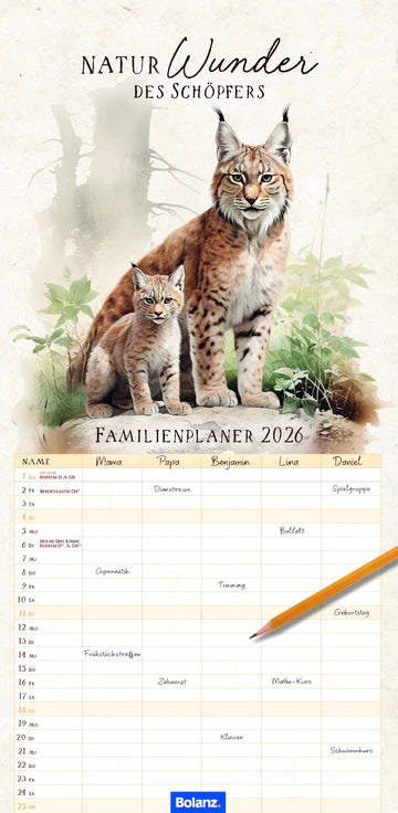 Naturwunder des Schöpfers 2026 (Familien-Wandplaner) Mit 5 Spalten für Termine